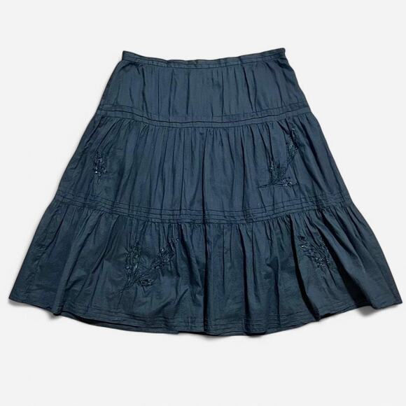 Anthropologie Future Paradise Black Floral Embroidered Beaded Cotton Midi Skirt - Picture 1 of 8